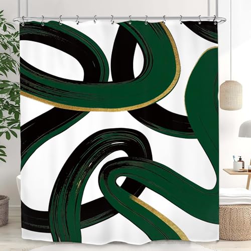 Kalmico Abstract Emerald Green Black Green Shower Curtain 60Wx72L Inch Modern Minimalist Contemporary Geometric Line Neutral Simple Bathroom Set Accessories Decor with 12 Pack Hooks by Kalmico - Used condition - Image 4