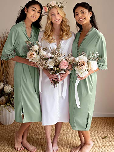AW BRIDAL Plus Size Women\'s Satin Kimono Robes Bridesmaid Robes Bridal Lace Robes Wedding Party Robes Lingerie, White XL - Thumbnail 5