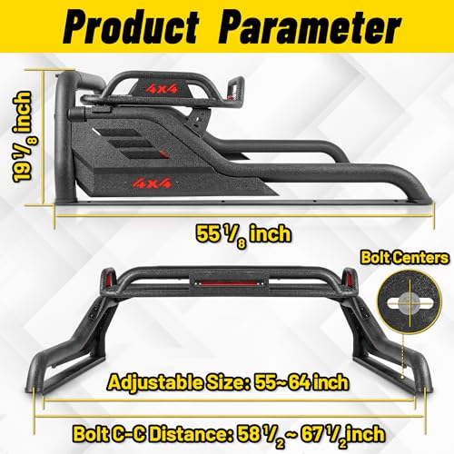 Image of MONOKING DIY Color Roll Bar with Detachable Cargo Basket 3rd Brake Light, Mid Size Sport Bar Tonneau Cover for 2007-2026 Gladiator JT Tacoma Frontier Canyon Colorado Ranger, Carbon Steel Chase Rack
