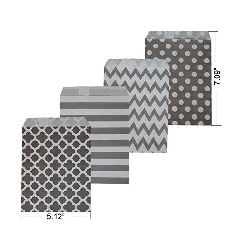 Biodegradable Paper Candy Cookie Bags, NUIBY Food Safe Favor Bags, Buffet Treat Bags for All Party Loot Bags - 100 Counts, Assorted 4 Designs (Grey) - Thumbnail 5
