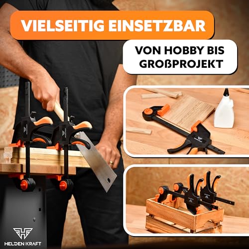 HELDENKRAFT® Einhandzwinge [2 Stück] - Zwingen Set mit hochwertigen Klemmen zum Spannen [bis 300mm] & Spreizen [155-500mm] - ergonomische Klemmzwingen mit einer Spannkraft bis 70 kg