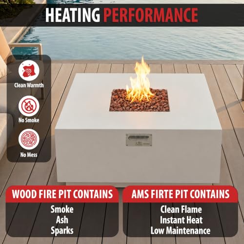 Image of AMS 48 inch Square Concrete GFRC Propane Gas Fire Pit Table (Cream White)