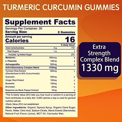 Turmeric Curcumin Gummies Low-Dose Melatonin 0.3Mg With Quercetin, Bromelain, Ginger & Black Pepper | Supports Comfort And Flexibility, Antioxidant & Health Immune - Vegan Gummies For Old, 120 Count #TOP1