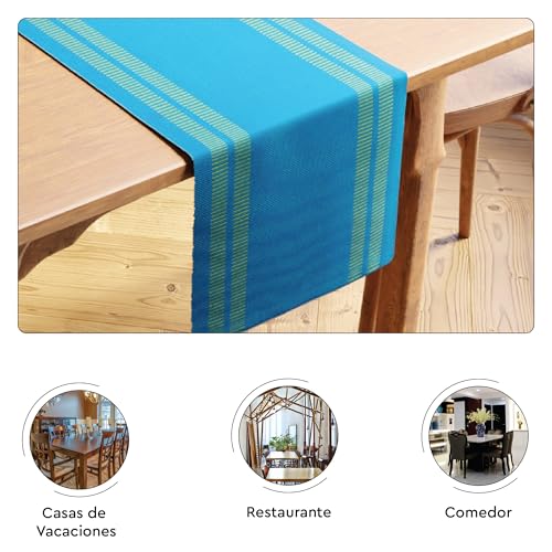 Image of Encasa XO Dining Table Runner for 4 to 6 Seater| Yarn Dyed Fine Ribbed Cotton | Size 32x150 cm | Ladder Turq Blue | Machine Washable