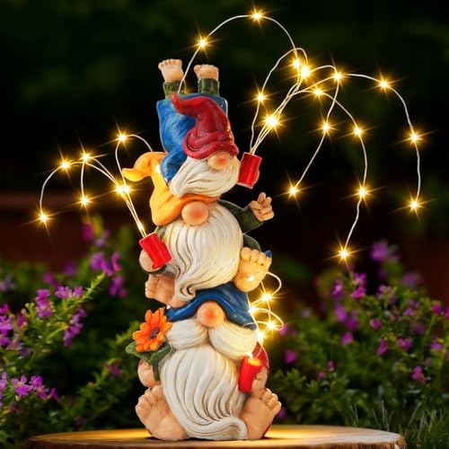 Congliulin Gnomes Decorations for Yard Triple Stacked with DIY Firework Lights Solar Garden Gnome Outdoor Decor Statue for Patio Lawn Mothers Day Birthday Gift for Mom Grandma (11.5in)