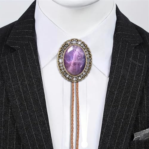 Image of Jeilwiy Bolo Tie for Men Real Stone Westwern Cowboy Ties Silver Bolos Women Leather Necktie Gift for Birthday Christmas