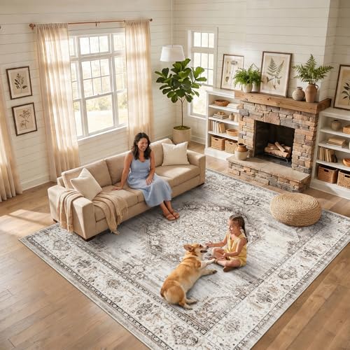 10x10 Square Area Rug: 10ft Square Washable Living Room Rugs Ultra Thin Soft Oriental Non-Slip Backing Farmhouse Rug Low Pile Thin Stain Resistant Indoor Carpets, 10' x 10' Beige