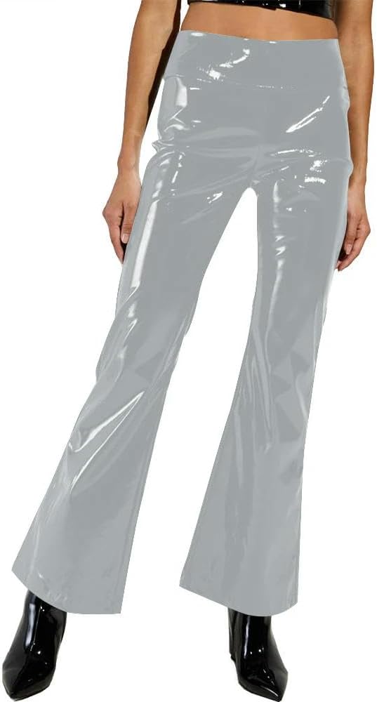 Plus Size PVC Women Casual High Waist Match Bottoms Trousers Lady Leather Punk Stretch Wide Leg Pants