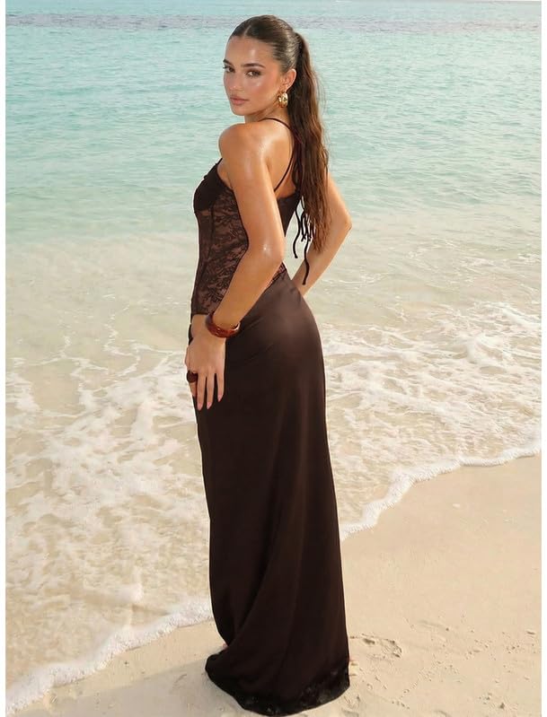 Kleid Damen Sexy Spitze Patchwork Slip Maxikleid Rückenfreies Bodycon Patykleid Figurbetontes Hochzeitsgast Kleider Lange Ärmelloses Elegant eng Abschlusskleid Spaghettiträger Cocktailkleid