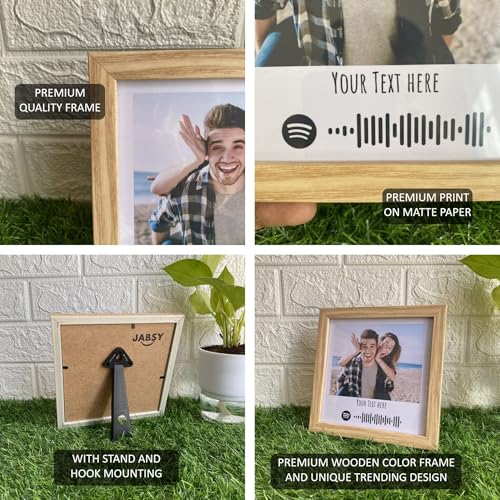 Image of JABSY Custom Wooden Theme TableTop Spotify Plaque Square Photo Frame Customized Photo Frame Music Plaque With Scannable Code & Text Message Birthday Wedding (Size-7X7 Inch)