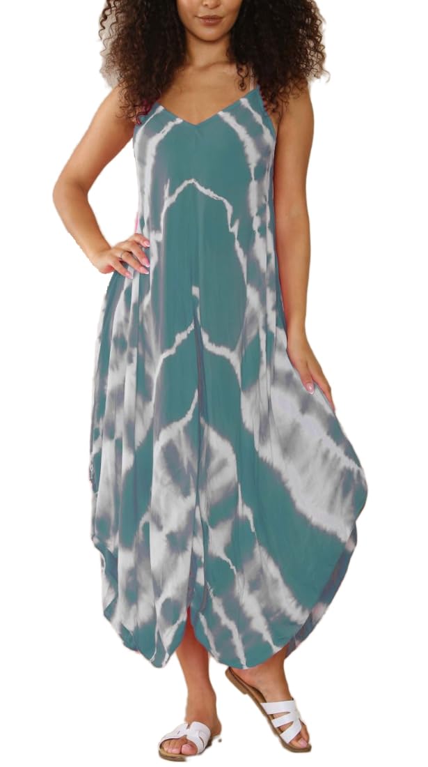 Fairy Boutique Women's Mint Tie Dye Cami Lagenlook Harem Jumpsuit V Neck Strappy Baggy Romper Playsuit Dress ( One Size)