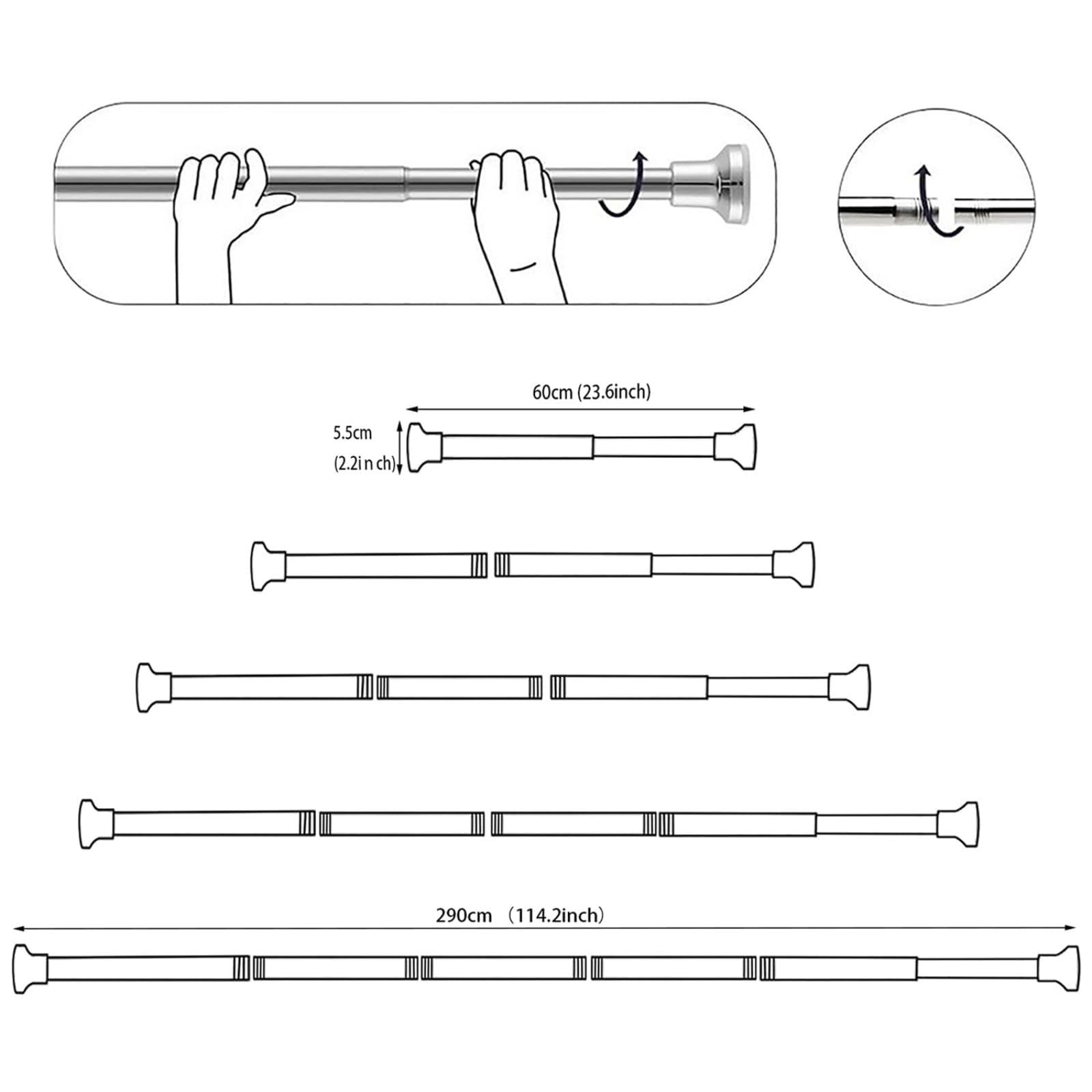 wintfarm Extendable Shower Curtain Poles 60-290 cm,No Drill Tension Rod Adjustable Shower Curtain Rail,Non-Slip,Never Rust,304 Stainless Steel,for Bathroom,Kitchen,Garderobe,Balcony(Silver) - Image 4