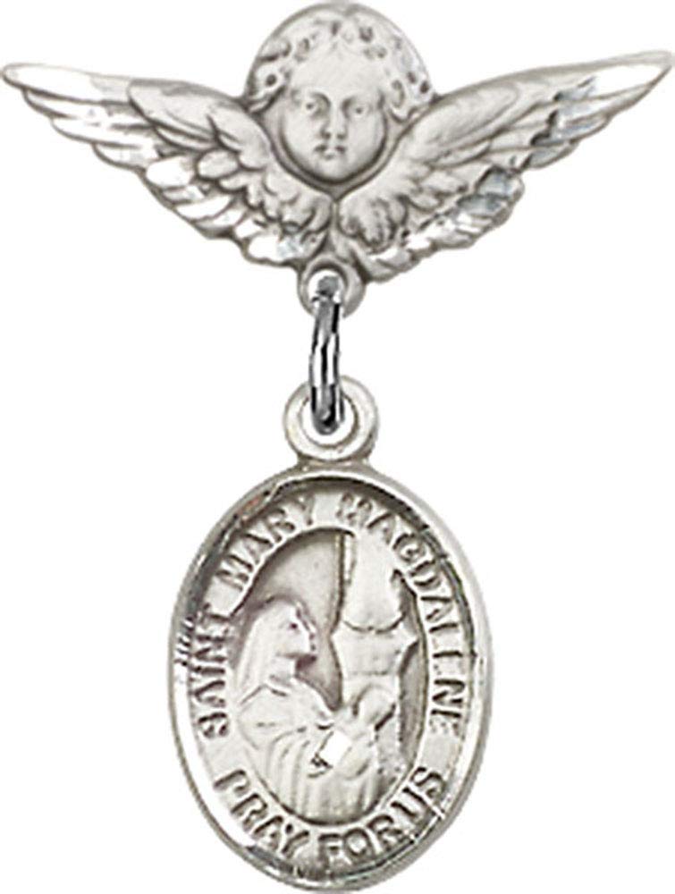 Jewels Obsession Baby Badge with St. Mary Magdalene Charm and Angel with Wings Badge Pin | Sterling Silver Baby Badge with St. Mary Magdalene Charm and Angel with Wings Badge Pin - Made In USA