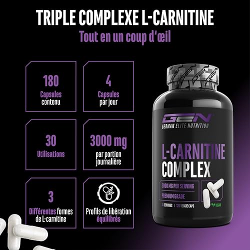 L-Carnitine Triple Complexe - 3000 mg par portion quotidienne – Hautement dosé & végane – Formule premium avec acétyl-, tartrate et fumarate de L-carnitine – 120 gélules – Image 3
