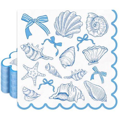 FYSUIMU 50Pcs Ocean Bow Scalloped Paper Napkin Blue Seashell Conch Starfish Disposable Luncheon Napkins Coastal Beach Dinner Hand Napkins for Summer Birthday Bachelorette Supplies