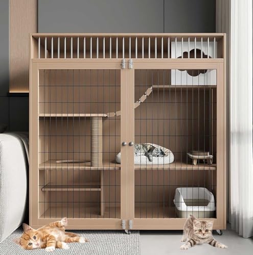 大型木製+大面積鉄メッシュ猫用囲い キャットゲージ DIY キャットケージペット家具【AWdfcxm 120x60x120cm猫 ケージ 大型】両用便利なキャスター付きで移動ラクラク大きめ猫 3段 広い空間多頭飼い楽にお掃除、衛生面もばっちり多機能 取り外