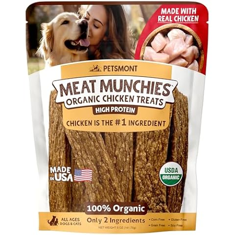 Petsmont Meat Munchies - Organic Chicken Jerky Dog Treats All Natural, Preservative Free, No Filler Chicken Treats for Dogs High Protein 2 Ingredient Dog Snacks Made in The USA - 5oz Cover