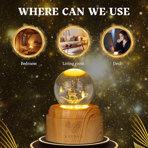 Image of KRESHU Deer 3D Crystal Rotating Glass Ball Dimmable Warm LED Light Wooden Stand Luminous USB Cable Decoration Night Lights for Art Home Decoration Birthday Gift (Pack of 1)