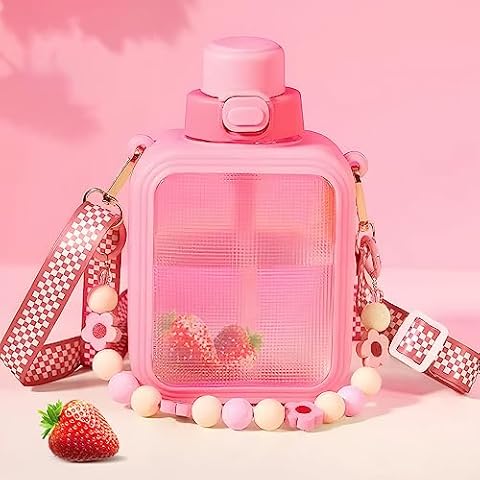 excvalues 25oz Cute Square Water Bottle with Straw and Detachable Carry Handle, Reusable, BPA Free,Kawaii Portable Transparent Water Cup with Stickers for School Office Travel(Pink) Cover