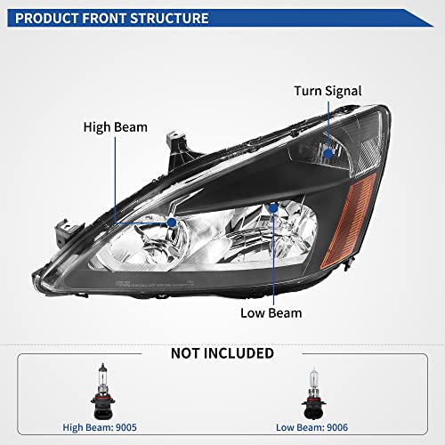 Image of oEdRo Headlight Assembly Compatible with 03 04 05 06 07 2003-2007 Accord, Headlamp with Black Housing Amber Reflector Clear Lens