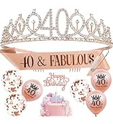 Auliuse 40th Birthday Sash and Tiara Set for Girls, Rose Gold Birthday Sash Crown with Balloons H...
