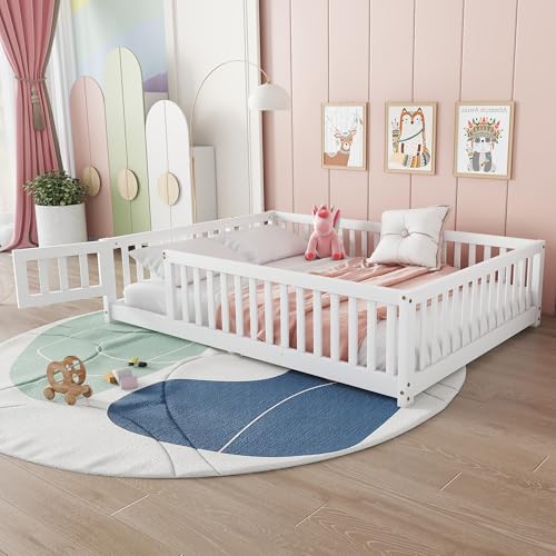 Full Size Floor Bed with Slats and Center Support Bar, Montessori Floor Bed with Fence and Door...