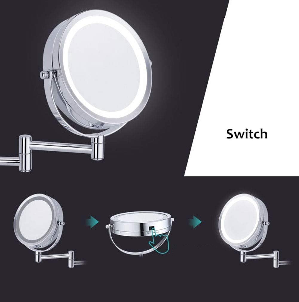 Bathroom Mirrors Wall Mounted Makeup with LED Lights, Double Side Extending Folding Round 6 Inch 5X Magnification