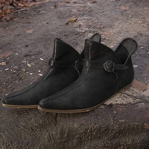 UUK Gothic Viking Schuhe Mit Verstellbarer Gürtelschnalle Mittelalterliche Retro Leder Stiefeletten Cosplay Pirate Prince Spitzschuh Stiefel Für Männer Frauen,Schwarz,40 Cover
