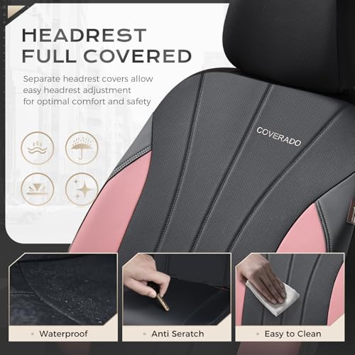 Image of Coverado Car Seat Covers Full Set, 5 Seats Waterproof Nappa Leather Automotive Seat Protectors, Front & Rear Luxury Mesh Seat Covers, All-Weather Universal Fit for Most Cars SUVs, Trucks,Black&Pink