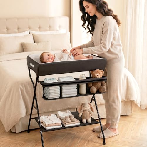 Image of INFANS Baby Changing Table, Folding Diaper Station Portable Nursery Organizer with Safety Belt and Large Storage Racks for Newborn Baby and Infant (Black)