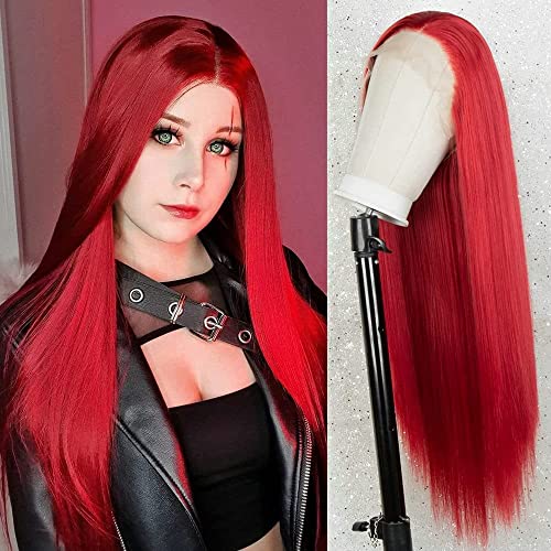 Perruque Lace Front Rouge Xiweya Cheveux Lisses Synthétiques Longs