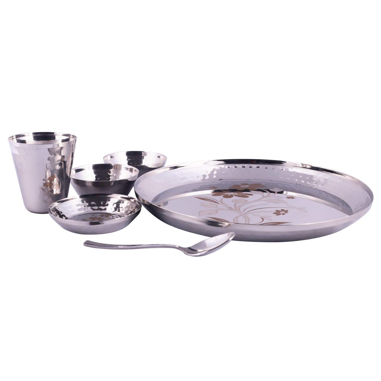 Tanishk Stainless Steel Hammered/Mathar Laser Permanent Print Buffet Set of 6 Piece