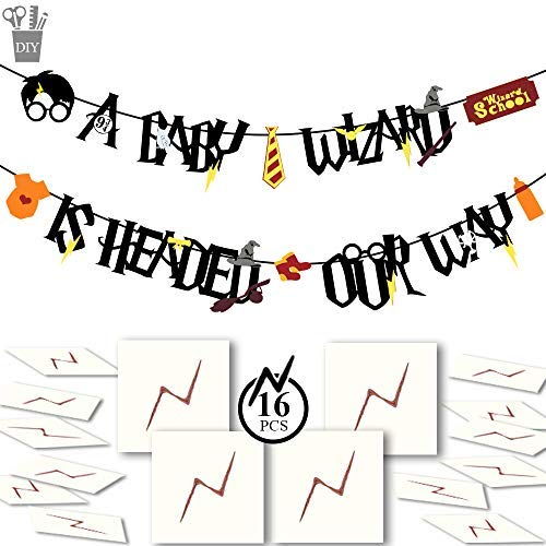 YoHold Baby Shower Banner and Lightning Bolt Tattoos for Magical Themed Baby Shower Party Decorations (1 Set Felt Banner+16 Pack Tattoos, Black)