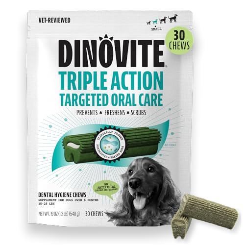 Image of Dinovite Dental Chews for Dogs, Triple Action Dental Dog Treats for Small Breeds, Clinically Proven to Prevent Plaque & Tartar While Freshening Breath, Fresh Mint Flavor, Made in USA, 30 Count
