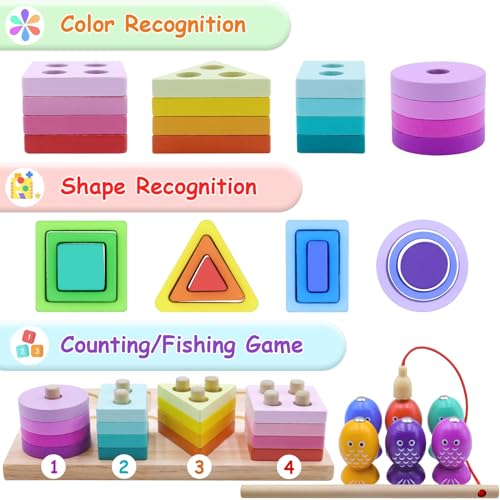 Humerry Wooden Sorting and Stacking Toy for Kids, Montessori Toys for 1 2 3 Year Old Boys Girls, with Magnetic Fishing Game, Early Educational Shape Sorter Toy Gift