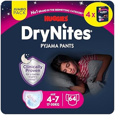 Huggies DryNites Pañales de Noche para Niña 4-7 (17-30 kg), Clínicamente Probado con 5 Capas de Máxima Protección Nocturna, 4 Packs de 16, Total 64 Bragas Absorbentes