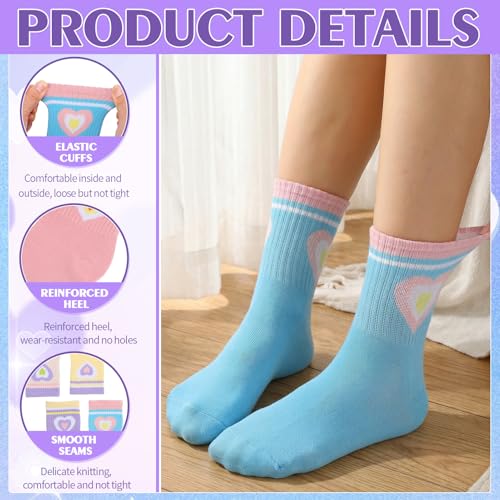 Jspupifip 6 Pairs Kids Girls Pink White Crew Athletic Socks with Stripes Hearts,Casual Stretchy Socks for Girls and Boys (US, Age, 9 Years, 12 Years, 3-Layer Colorful Heart) — view 3