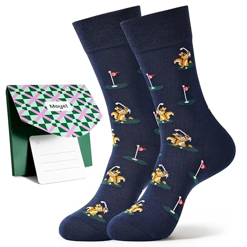 Moyel Golf Socks for Men - Golf Gifts for Men Dad Husband Boyfriend on Fathers Day Birthday Funny Squirrel Golfer Crew Socks Fun Cotton Dress Socks Accessories for Men Size 7-13