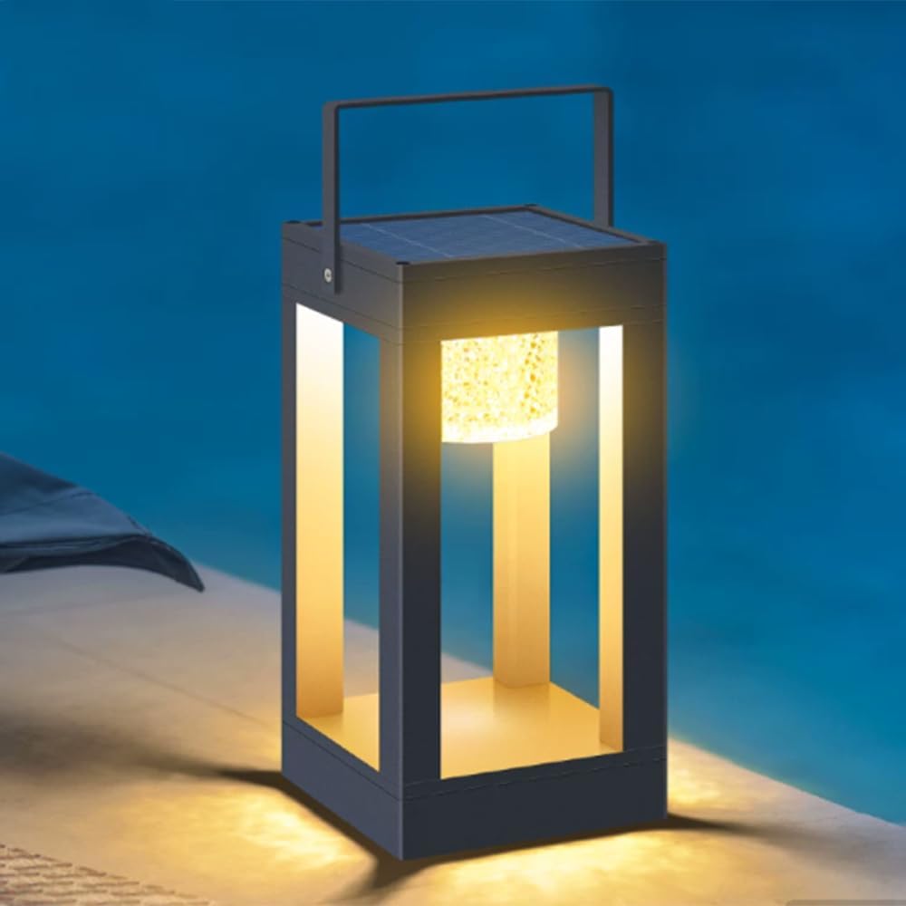 Modern Solar Post Lights Table Lamp Outdoor Storm Lantern with Handle Waterproof and Rust-Proof Movable Outdoor Lamp Auto On/Off Camping Lamp for Patio Garden Camping Dining Table Decor