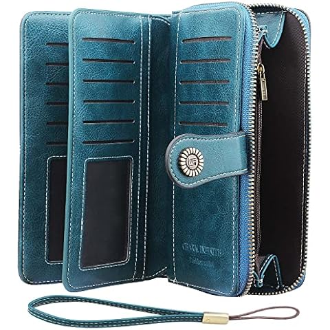 RFID Women's Zipper Purse, PU Leather Cell Phone Wallet for Women, Large Capacity, Long Clutch Purse with Multiple Card Slots, Wristband Purse, peacock blue, lang, Classic Cover