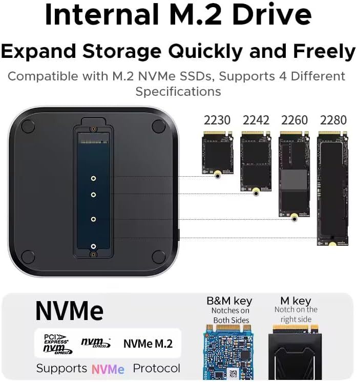 Diagram showing internal M.2 drive installation and compatible SSD sizes
