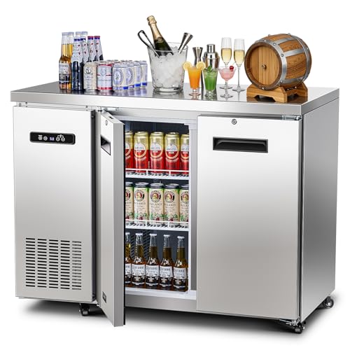 BODEGA BODEGACOOLER Commercial Back Bar Cooler with 2 Solid Doors,12 Cu.Ft Stainless Steel Commercial Counter Height Bar Refrigerator,Display Drink Beverage Beer Fridge LED Light,SUS304 Top,