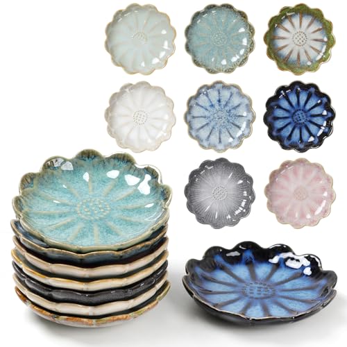 ZEBERBO Dip-Schüssel-Set, 8 Stück, Keramik, Sojasaucenschalen, 85 ml, Dip-Soßenbecher, Chrysantheme, runde kleine Beilagenschalen zum Dippen von Sushi, Tomaten, Sojasauce, Gewürzen, Fingerschalen