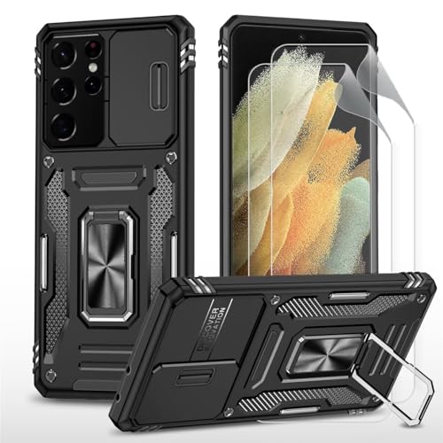 CLYDITE para Funda Samsung S21 Ultra Carcasa Silicona Negro con Protector de Pantalla [2 Piezas] Cubierta de cámara Deslizante TPU 360 Grados Anillo Giratorio Soporte Coche