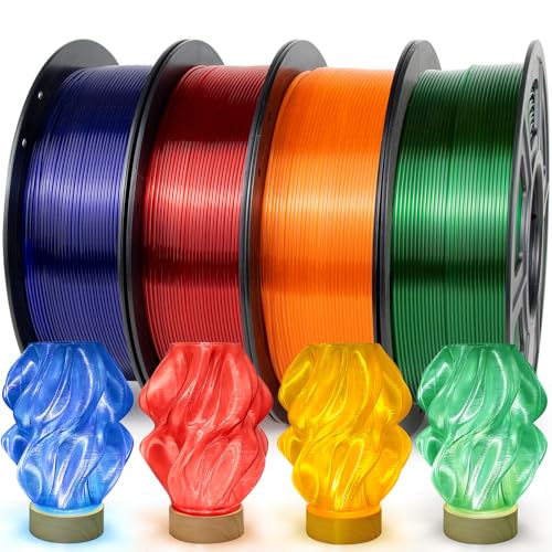 IEMAI Clear PETG Filament 1.75mm Bundle 4kg, Multicolour Crystal Transparent 3D Printer Filament 1kg Spool 4 Rolls Red+Orange+Blue+Green for Lampshade, Creative DIY, Home Decor