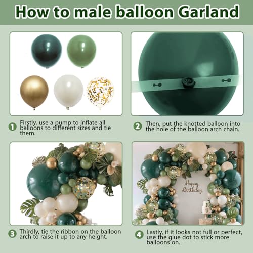 Image of Zesliwy Emerald Green White Gold Balloons Arch Kit,Double Stuffed Dark Green Sage Olive Green Sand White Beige Chrome Gold Confetti Balloon for Birthday Graduation Wedding jungle Safari Party Decor