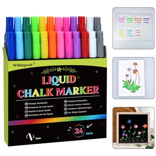 24 rotuladores de tiza líquida, multicolor, lavable, rotulador para ventana, pizarra, pizarra, pizarra blanca, ventanas, cristal, punta fina, 12 colores, regalo ideal