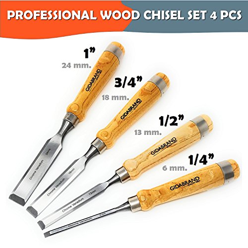 Professional Wood Chisel Set with Tools Roll Bag – Carving & Woodworking Equipment with Chrome Vanadium Steel Blades & Ergonomic hardwood Handles – Sizes 6mm, 13mm, 18mm, 24mm (1/4”, 1/2”, 3/4”, 1”)