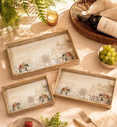 Image of Set of 3 Waterproof Wooden Trays - Royal Heritage Design with Palace & Elephant Artwork, Multipurpose Lacquer Coated MDF Serving Trays (16x10, 14x8, 12x6 Inches)(Setof3- WhiteElephant)