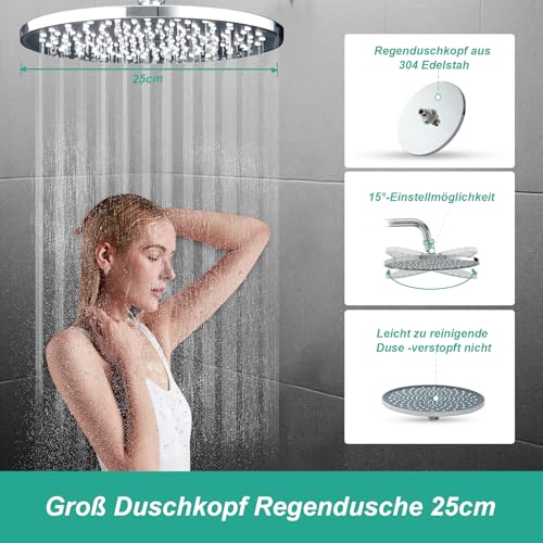 OFFO Regendusche ohne Armatur Chrome, 25 cm Runde Regendusche Duschset, Höhenverstellbar und 1,6m Twist-Free Duschschlauch, Duschsystem für Dusche mit deutscher Bedienungsanleitung​